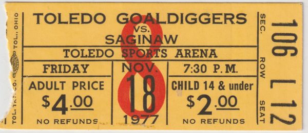1977 IHL Toledo Goaldiggers ticket stub vs Saginaw Gears 11/18
