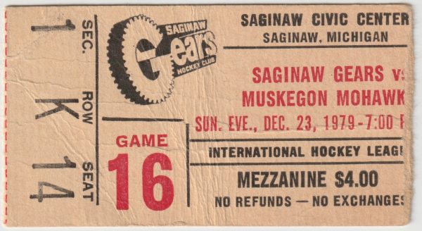 1979 IHL Saginaw Gears ticket stub vs Muskegon Mohawks 2/23