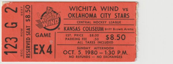 1980 CHL Wichita Wind ticket stub vs OKC Stars Oct 5