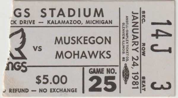 1981 Kalamazoo Wings ticket stub vs Muskegon Mohawks 1/24