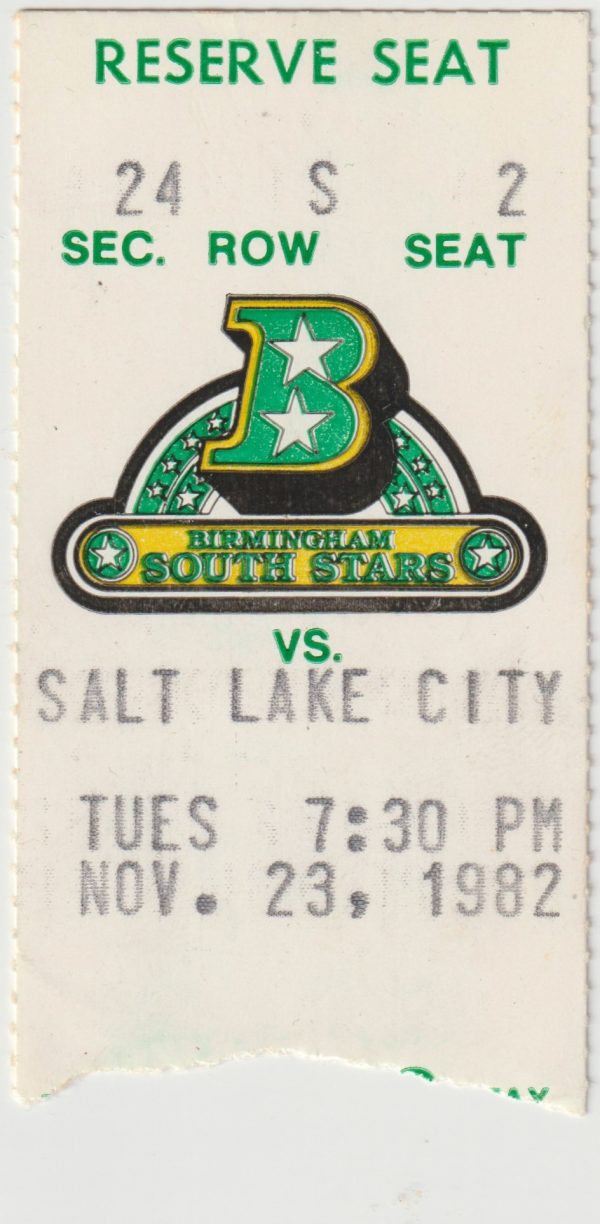 1982 CHL Birmingham South Stars ticket stub vs SLC Nov 23