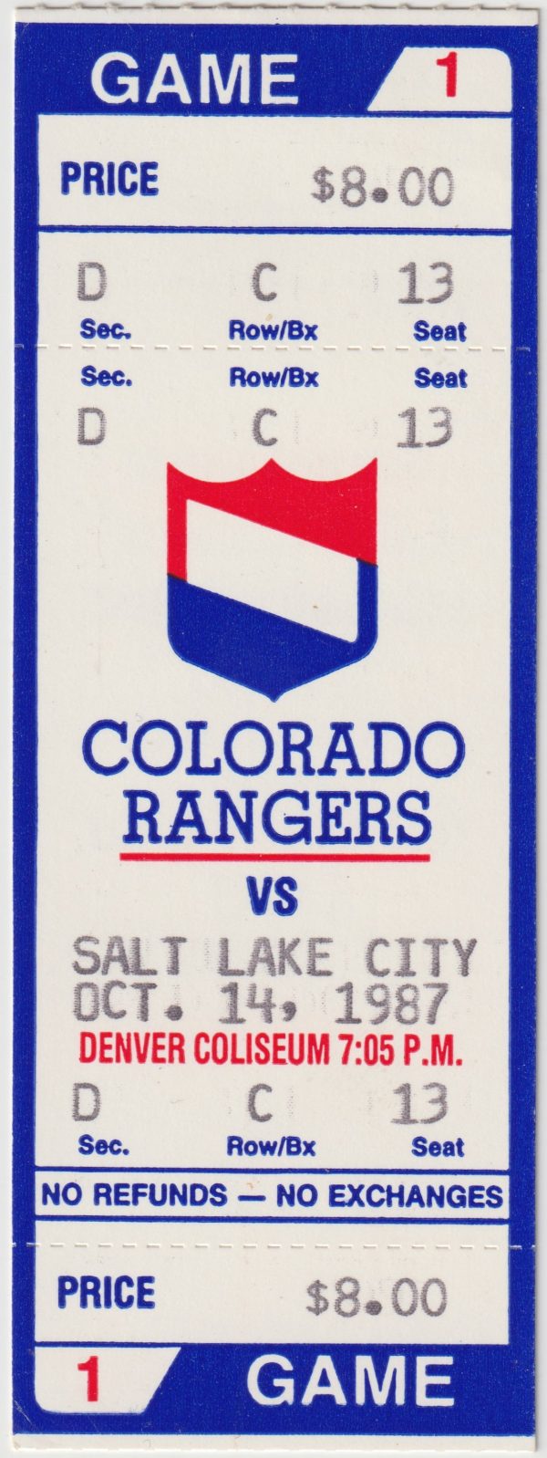 1987 IHL Colorado Rangers ticket stub vs Salt Lake Golden Eagles 10/14