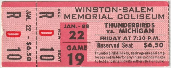 1988 AAHL Carolina Thunderbirds Full Ticket vs Michigan Stars 1/22