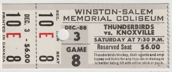 1988 ECHL Carolina Thunderbirds Full Ticket vs Knoxville Cherokees 12/3