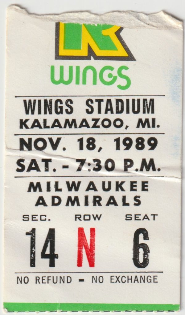 1989 IHL Kalamazoo Wings ticket stub vs Milwaukee Admirals 11/18