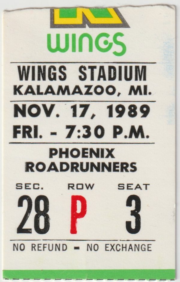 1989 IHL Kalamazoo Wings ticket stub vs Phoenix Roadrunners 11/17