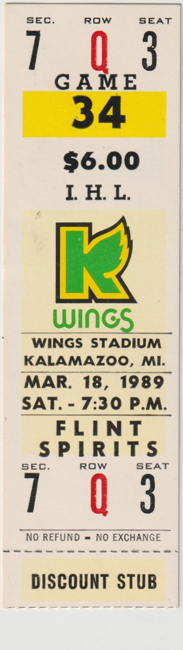 1989 IHL Kalamazoo Wings unused ticket stub vs Flint Spirits 3/18