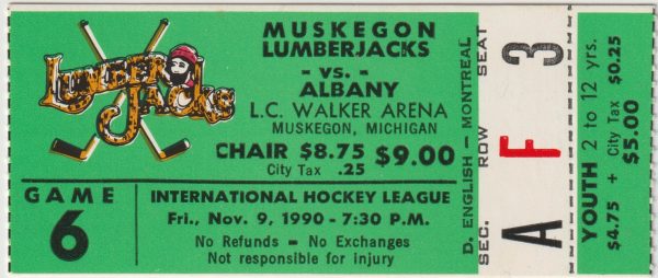 1990 IHL Muskegon Lumberjacks ticket stub vs Albany Choppers 11/9