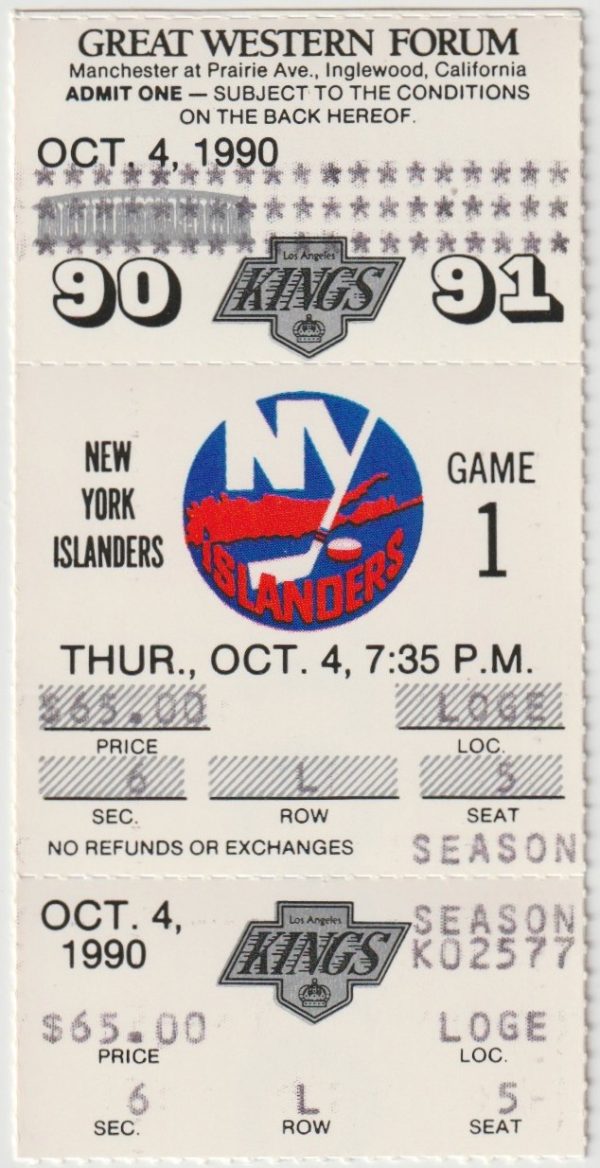 1990 Kings Full Ticket vs Islanders Oct 4 Wayne Gretzky 2 G