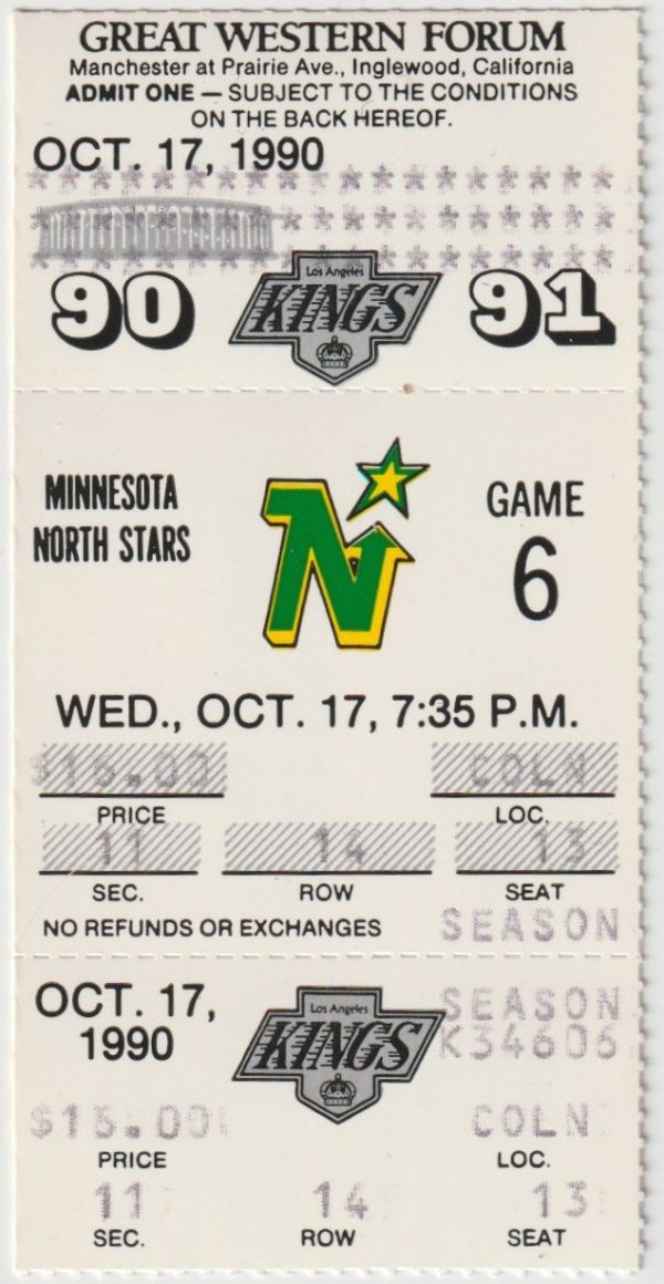 1990 Kings Full Ticket vs North Stars Oct 17 Gretzky Robitaille PBC