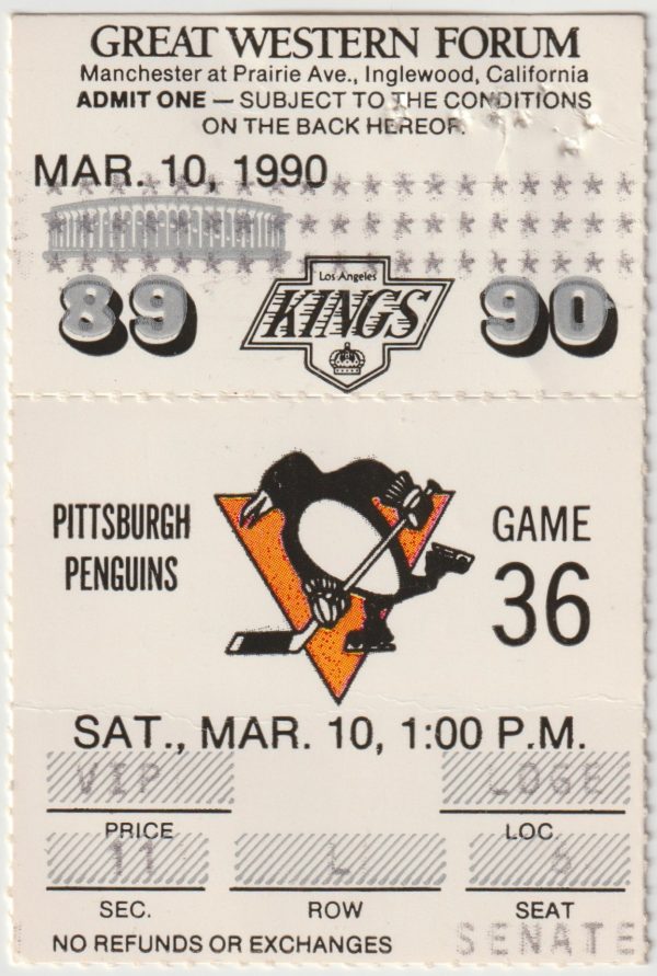 1990 Kings Ticket Stub vs Penguins 3/10 Robitaille Hat Trick Gretzky