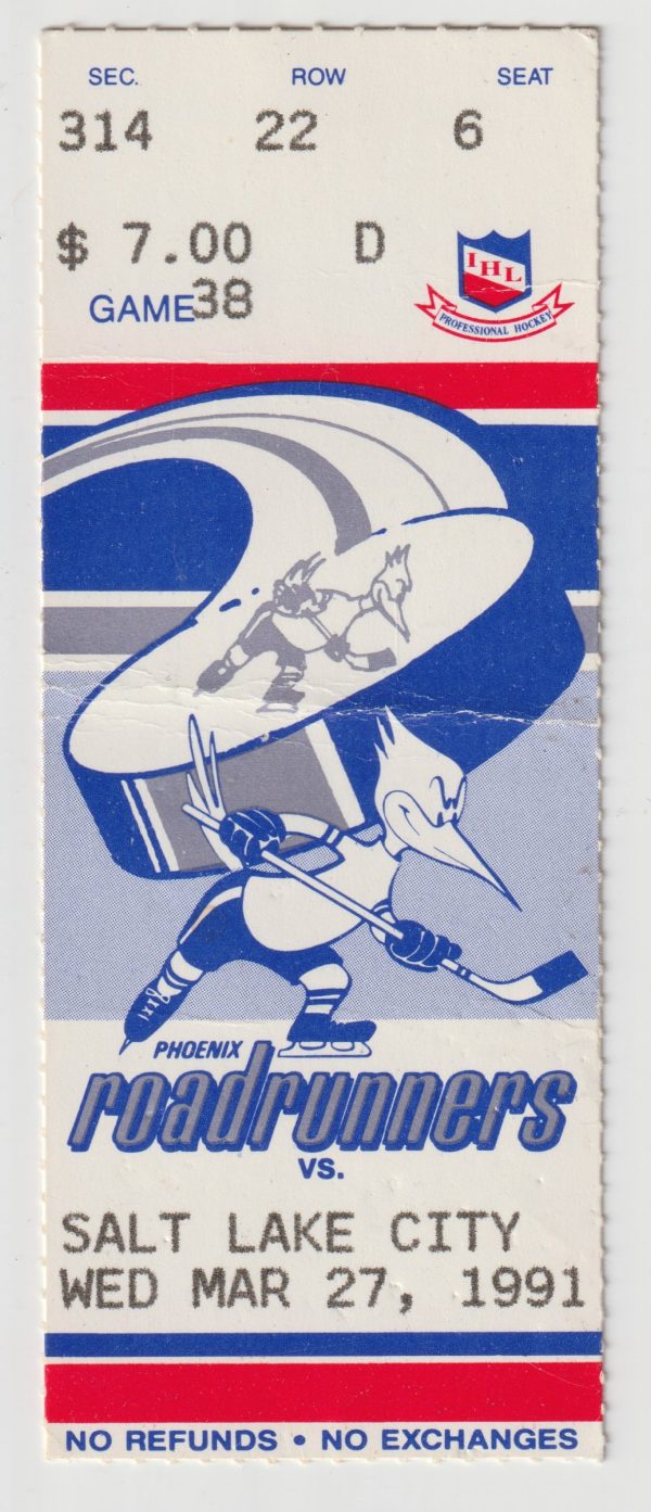 1991 IHL Phoenix Roadrunners ticket stub vs Salt Lake Golden Eagles 3/27