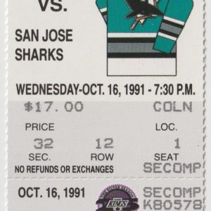 1991 Los Angeles Kings Full Ticket vs Sharks Oct 16 Wayne Gretzky G