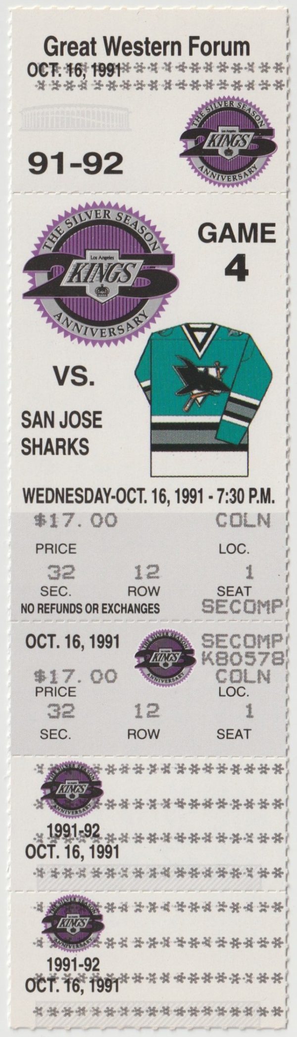 1991 Los Angeles Kings Full Ticket vs Sharks Oct 16 Wayne Gretzky G
