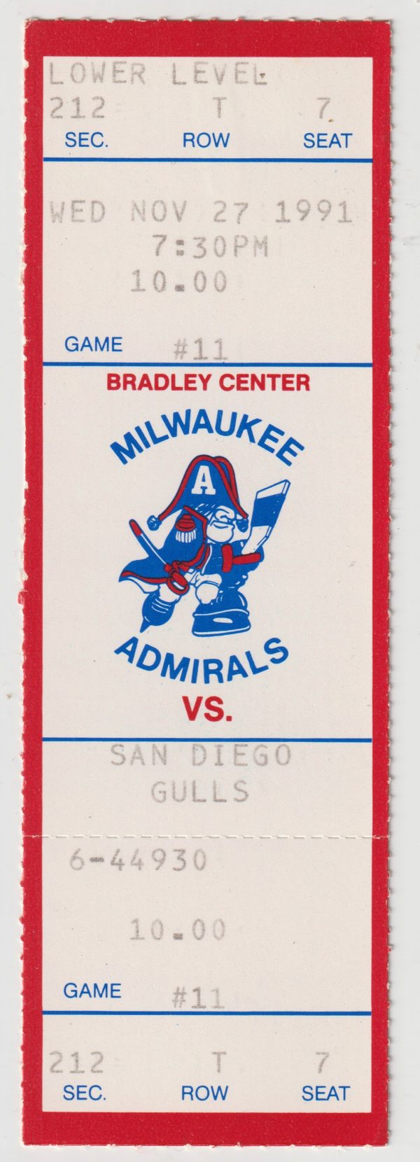 1991 Milwaukee Admirals Full Ticket vs San Diego Gulls 11/27 Keith Gretzky