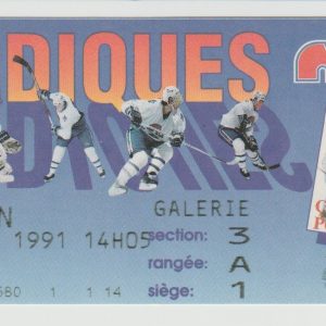 1991 Quebec Nordiques Full Ticket vs Capitals Nov 10 Joe Sakic 2 G