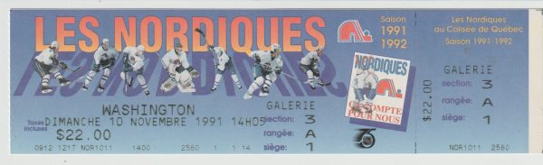 1991 Quebec Nordiques Full Ticket vs Capitals Nov 10 Joe Sakic 2 G