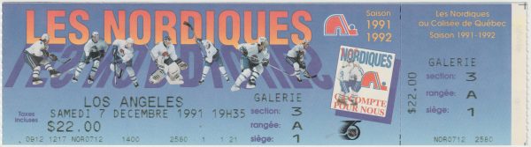 1991 Quebec Nordiques Full Ticket vs Kings 12/7 Sakic Sundin Kurri Robitaille