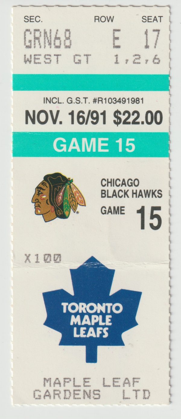 1991 Maple Leafs Ticket Stub vs Blackhawks Nov 16 Jeremy Roenick