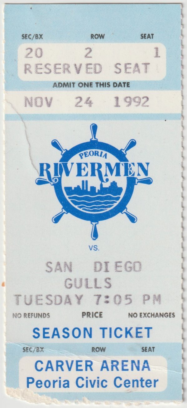1992 IHL Peoria Rivermen ticket stub vs San Diego Gulls 11/24