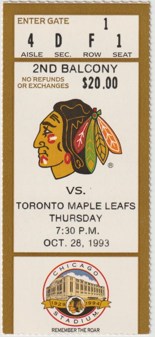 1993 Blackhawks Ticket Stub vs Maple Leafs Oct 28 Wendell Clark 2 G