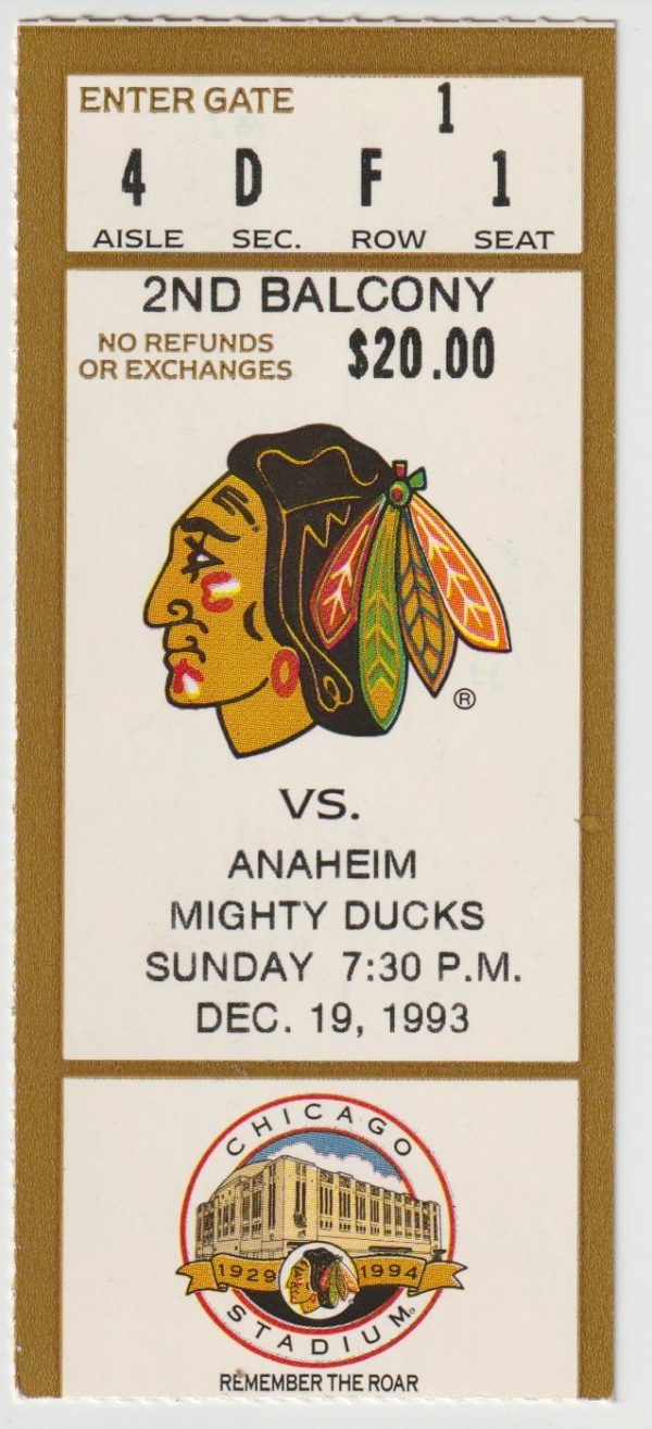1993 Ed Belfour Shutout Ticket Stub vs Mighty Ducks Dec 19
