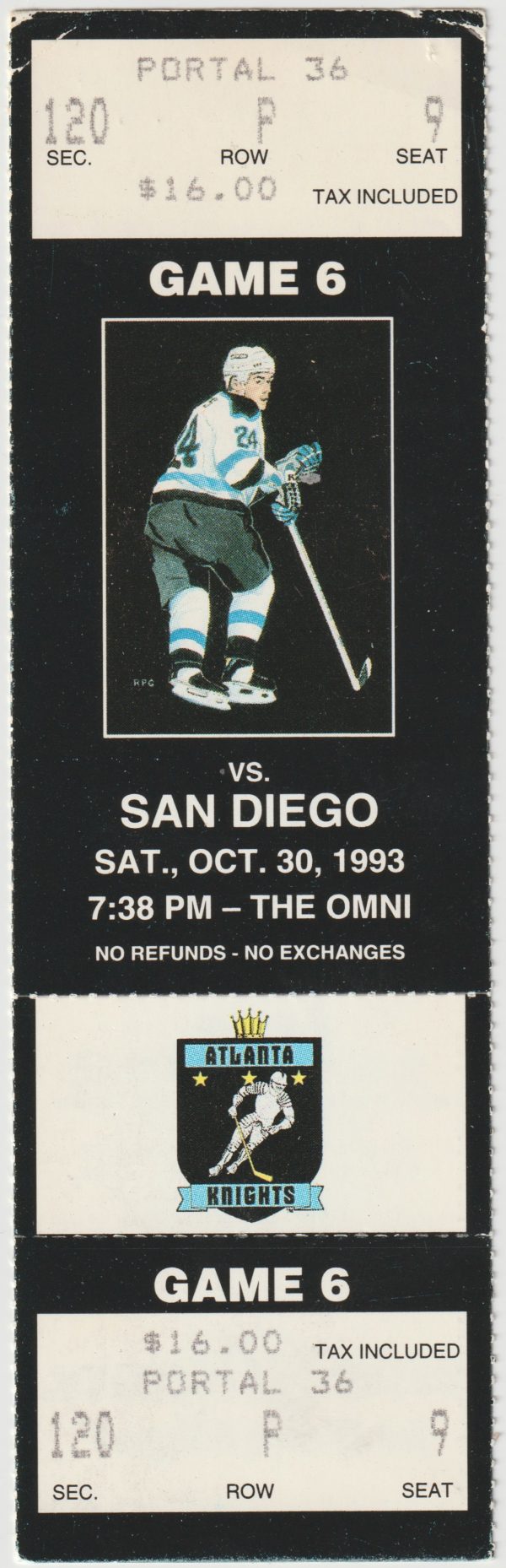 1993 IHL Atlanta Knights full ticket stub vs San Diego Gulls 10/30
