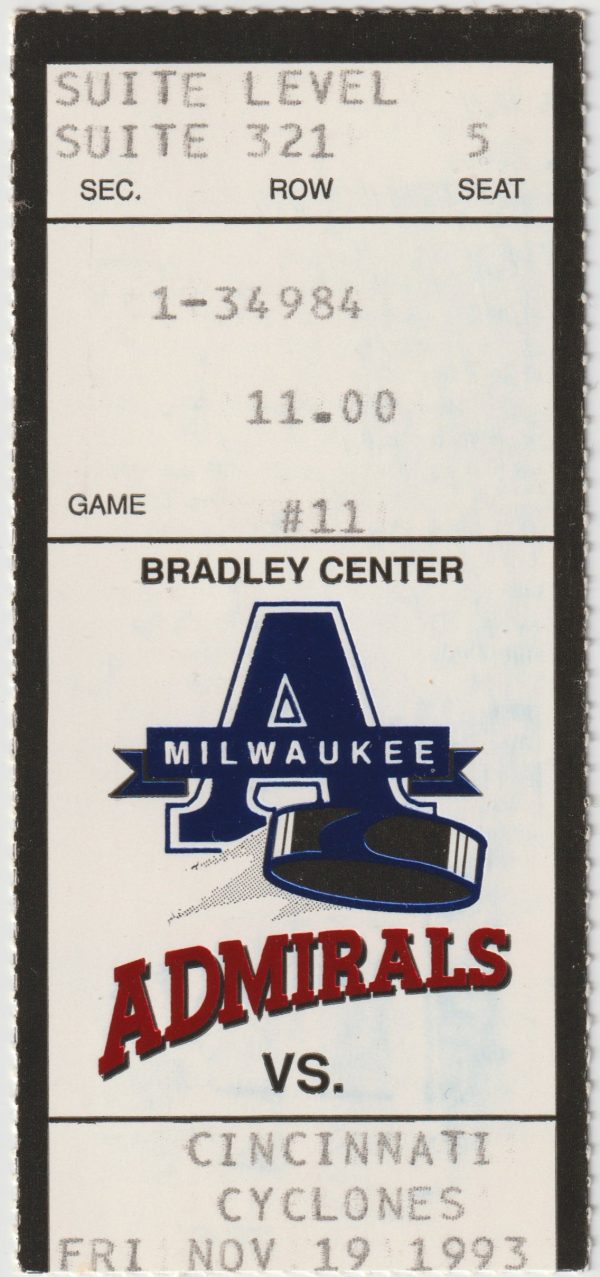 1993 IHL Milwaukee Admirals ticket stub vs Cincinnati Cyclones 11/19