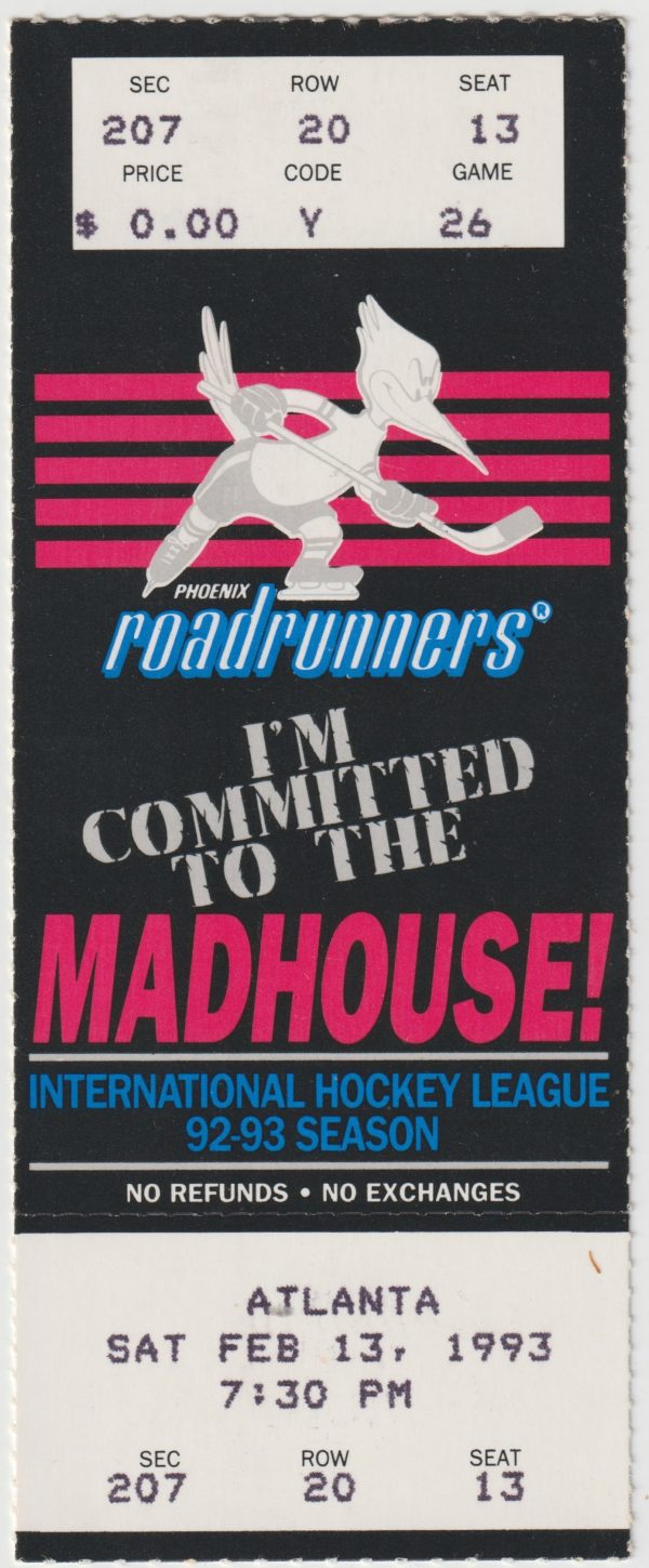 1993 IHL Phoenix Roadrunners ticket stub vs Atlanta Knights 2/13