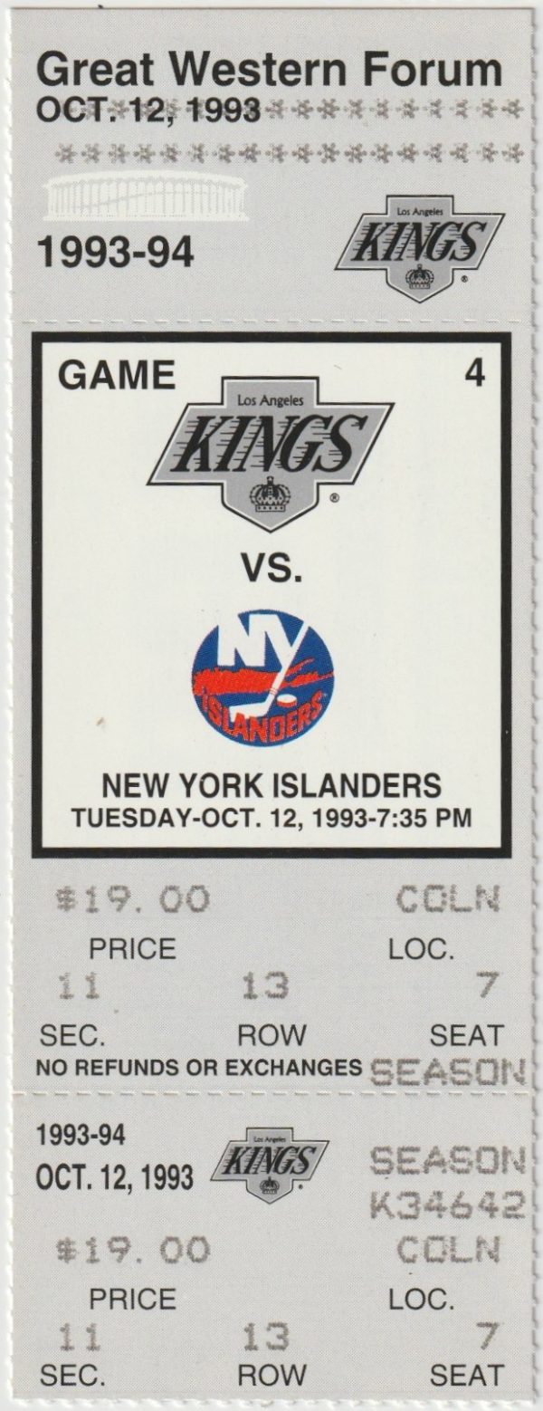 1993 Kings Full Ticket Islanders Oct 12 Wayne Gretzky Goal Mint