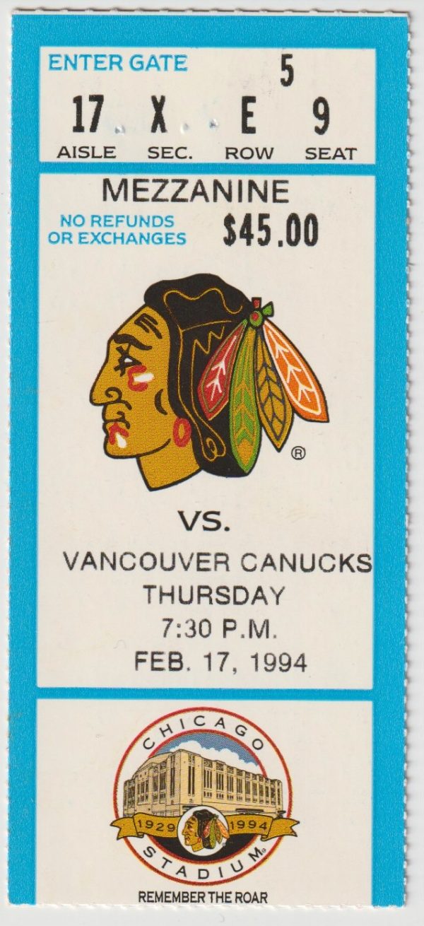 1994 Blackhawks Ticket Stub vs Canucks Feb 17 Pavel Bure
