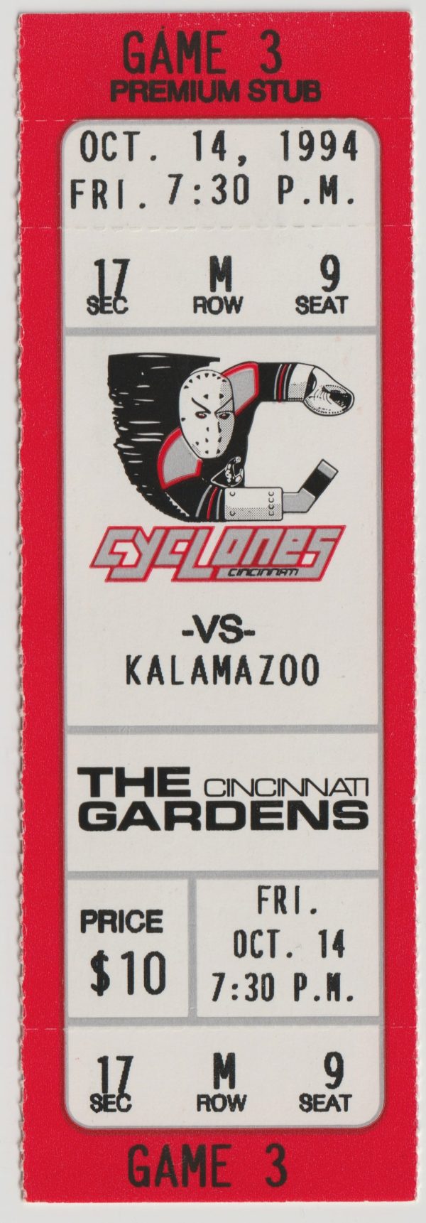 1994 IHL Cincinnati Cyclones ticket stub vs Kalamazoo Wings 10/14