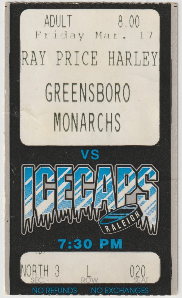 1995 ECHL Raleigh IceCaps ticket stub vs Greensboro Monarchs 3/17