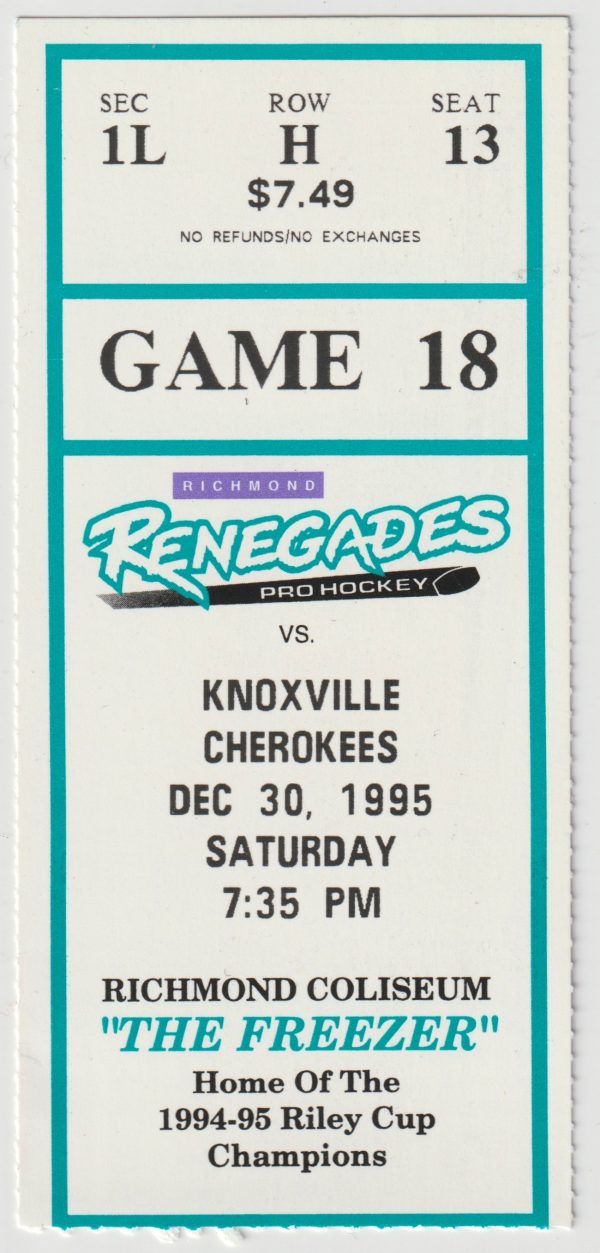 1995 ECHL Richmond Renegades ticket stub vs Knoxville Cherokees 12/30