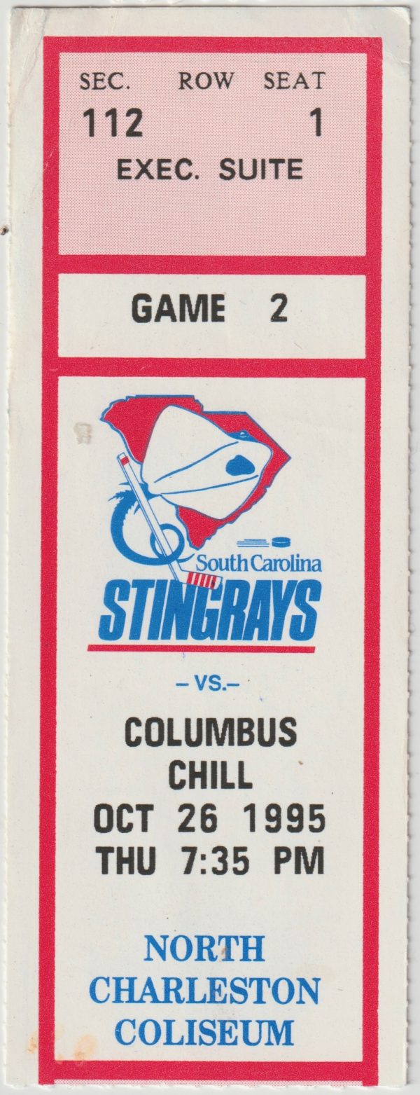 1995 ECHL South Carolina Stingrays ticket stub vs Columbus Chill 10/26