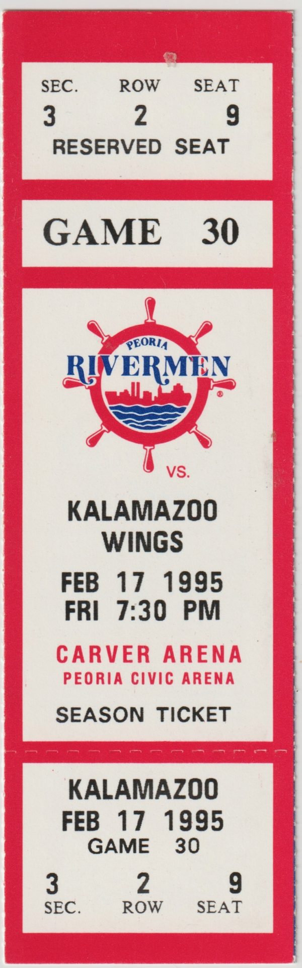 1995 IHL Peoria Rivermen ticket vs Kalamazoo Wings 2/17