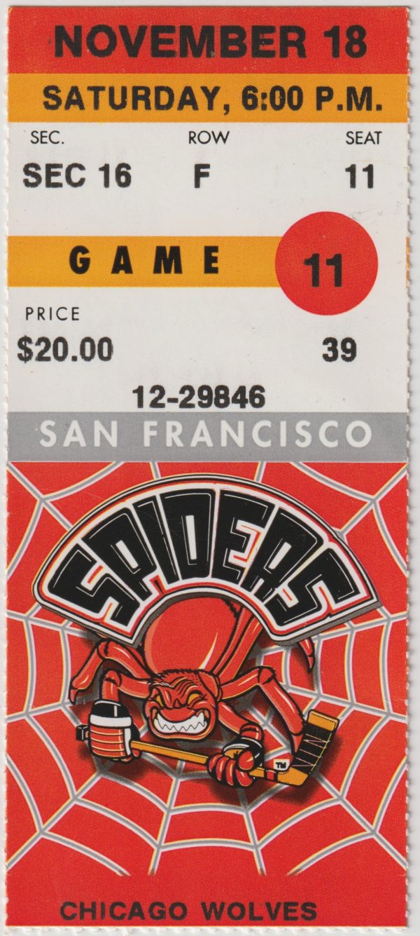 1995 IHL San Francisco Spiders ticket stub vs Chicago Wolves 11/18