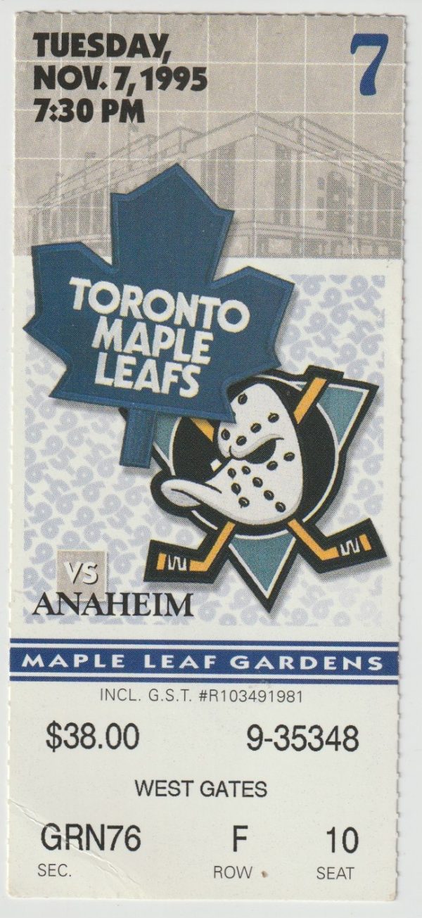1995 Maple Leafs Ticket Stub vs Mighty Ducks Nov 7 Mike Gartner Goal 