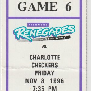 1996 ECHL Richmond Renegades ticket stub vs Charlotte Checkers 11/8