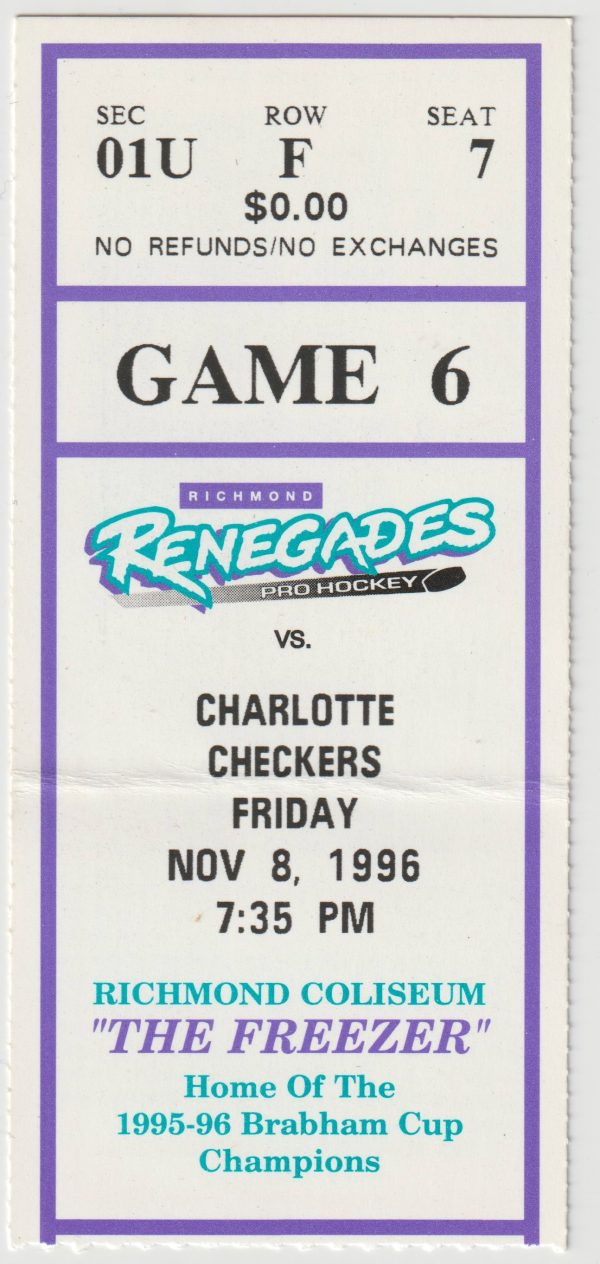1996 ECHL Richmond Renegades ticket stub vs Charlotte Checkers 11/8