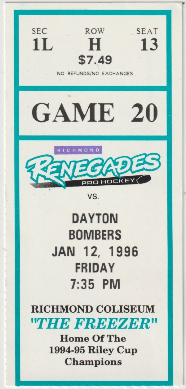 1996 ECHL Richmond Renegades ticket stub vs Dayton Bombers 1/12