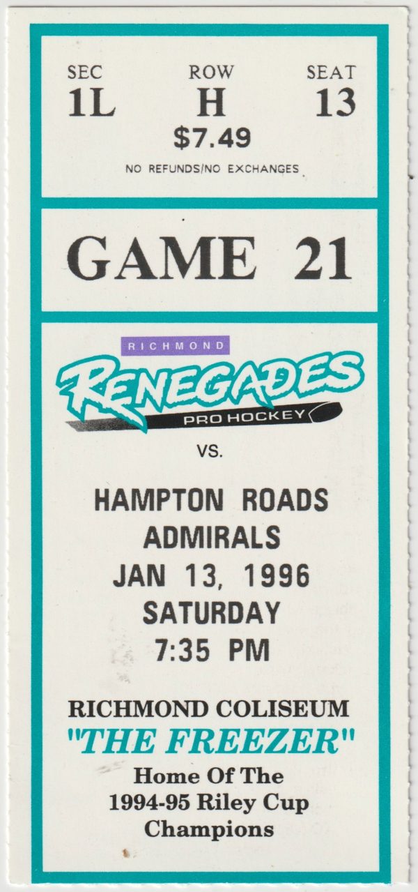 1996 ECHL Richmond Renegades ticket stub vs Hampton Roads Admirals 1/13