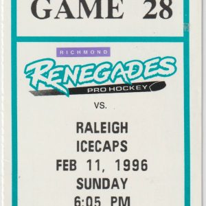 1996 ECHL Richmond Renegades ticket stub vs Raleigh Icecaps 2/11