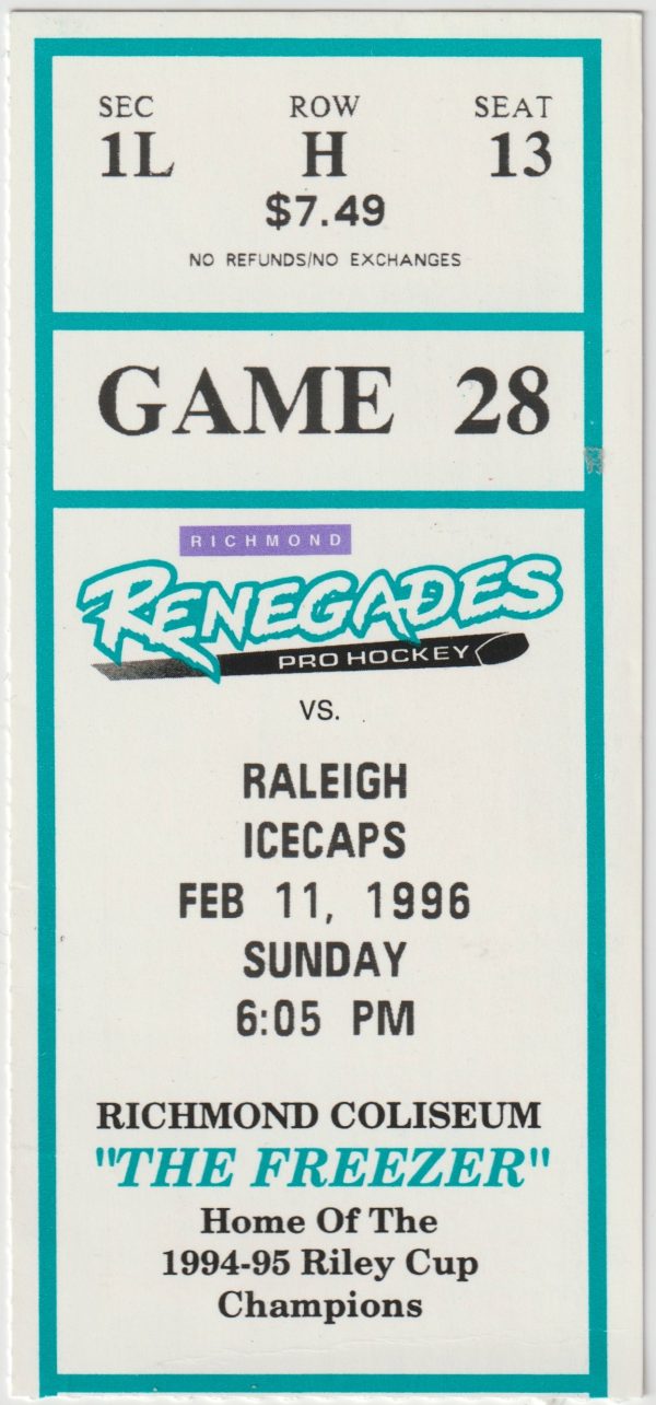 1996 ECHL Richmond Renegades ticket stub vs Raleigh Icecaps 2/11
