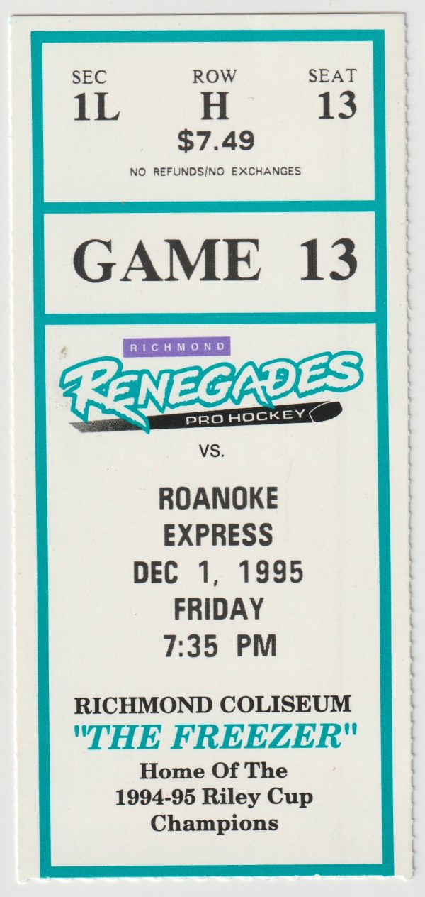 1995 ECHL Richmond Renegades ticket stub vs Roanoke Express 12/1