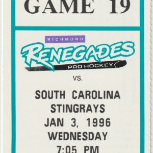 1996 ECHL Richmond Renegades ticket stub vs South Carolina Stingrays 1/3