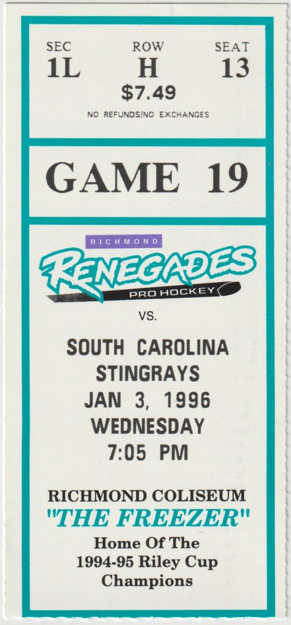 1996 ECHL Richmond Renegades ticket stub vs South Carolina Stingrays 1/3