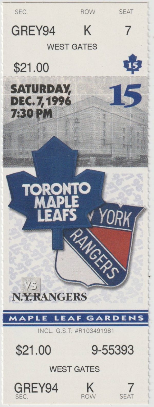 1996 Maple Leafs Full Ticket Stub Rangers Dec 7 Wayne Gretzky Goal