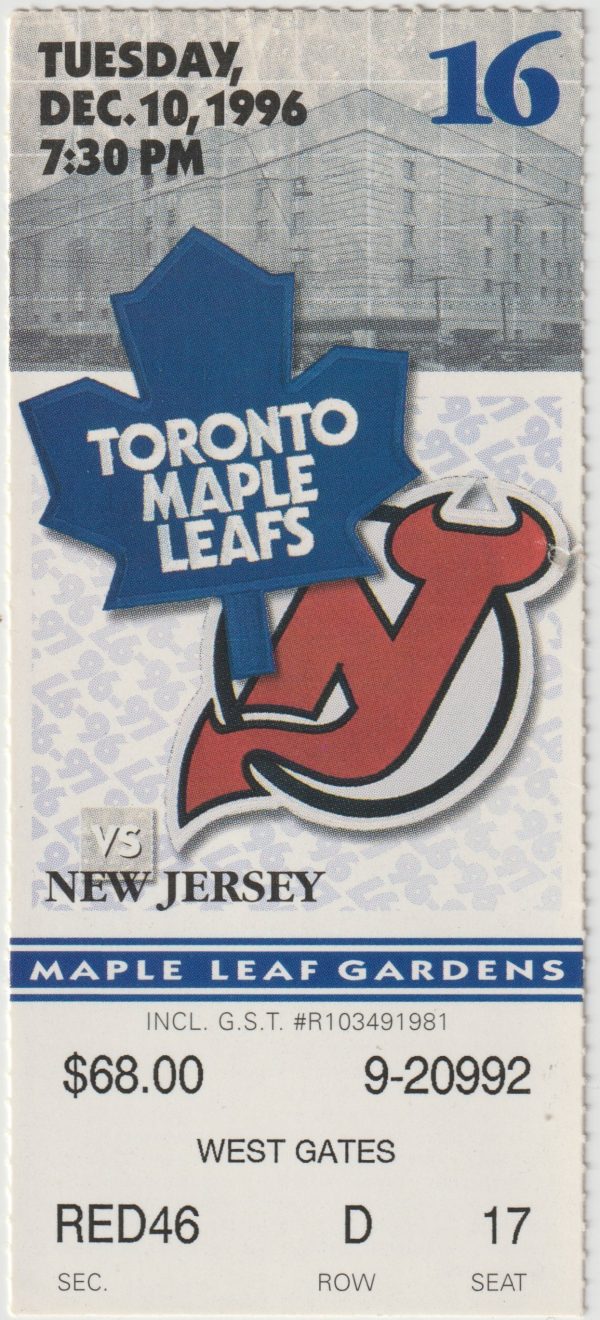 1996 Maple Leafs Ticket Stub vs Devils Dec 10 Dave Andreychuk