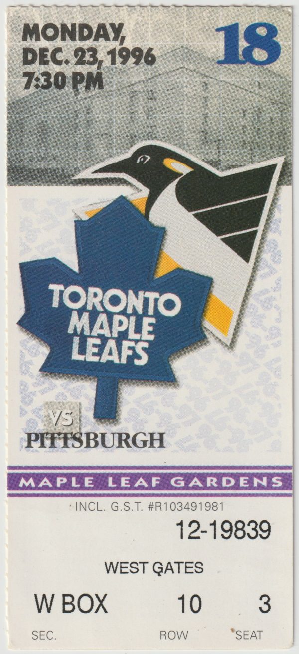 1996 Maple Leafs Ticket Stub vs Penguins Dec 23 Lemieux Jagr 2 Goals